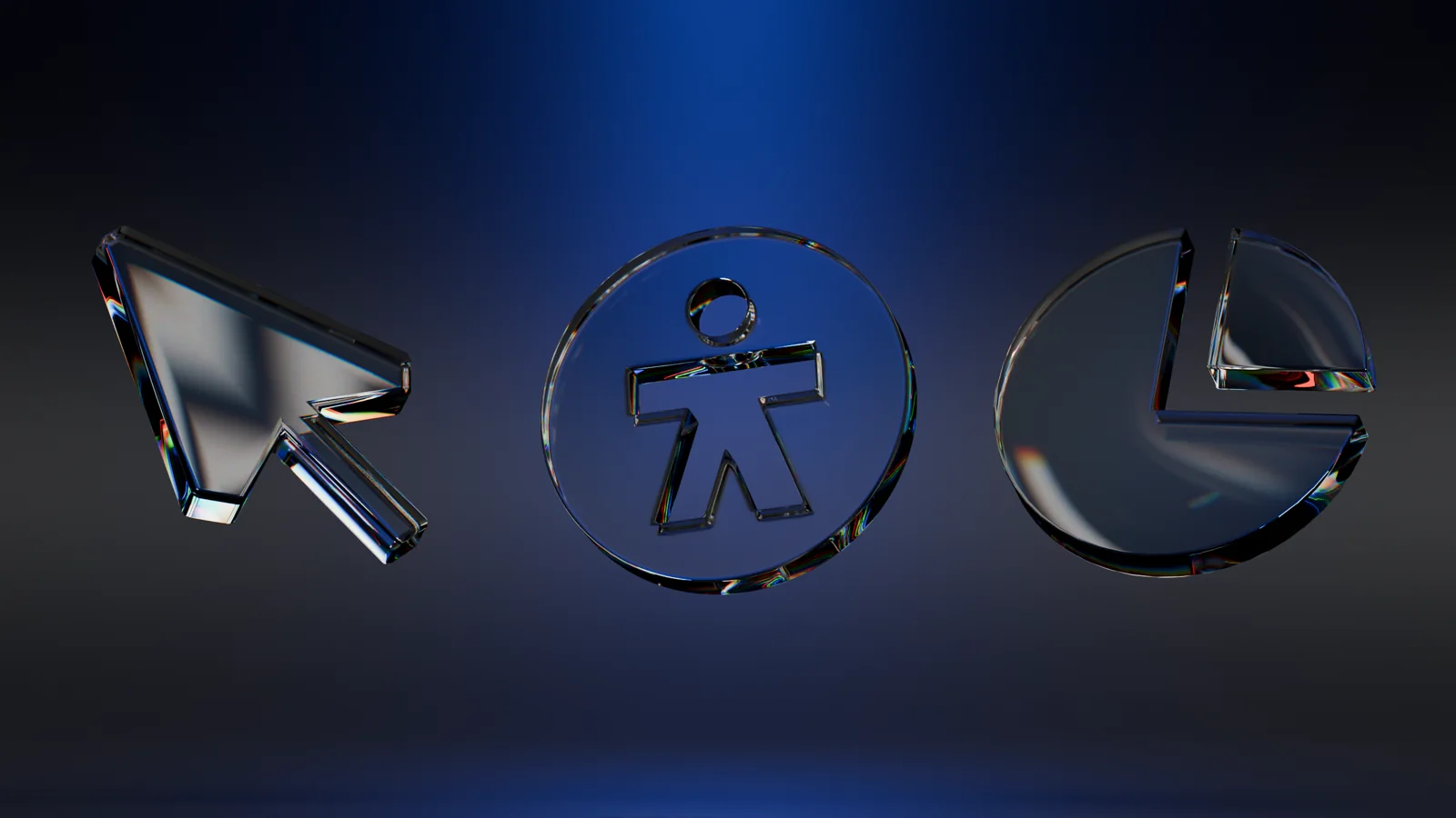 Cursor, accessibility and pie chart icons sculpted in dispersive glass