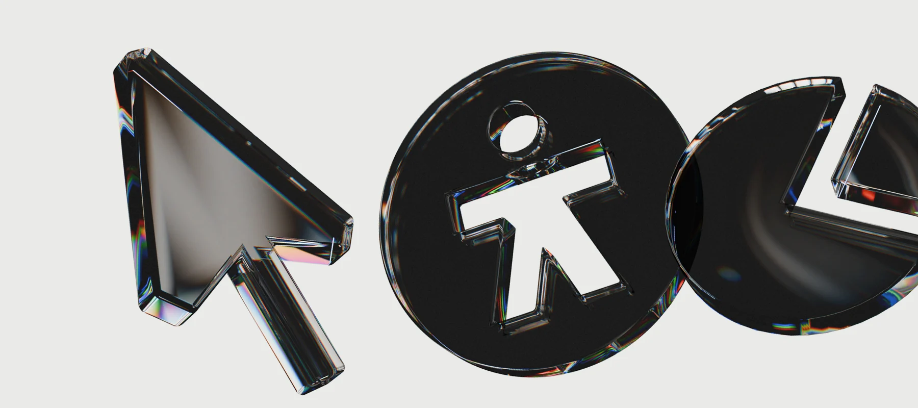 Three sculptural glass interface icons with subtle prismatic reflections
