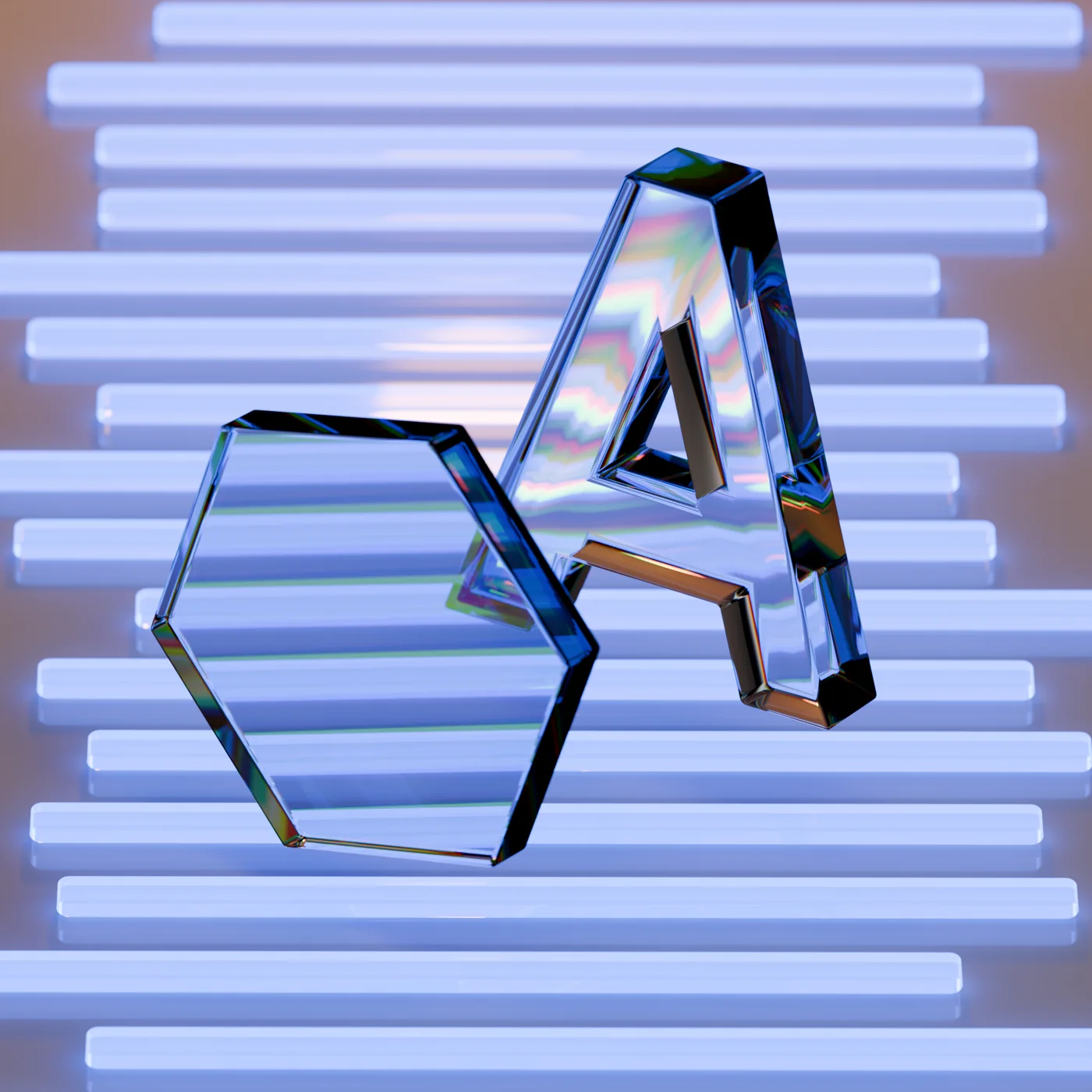 Glass letter A and hexagon against illuminated blue bars